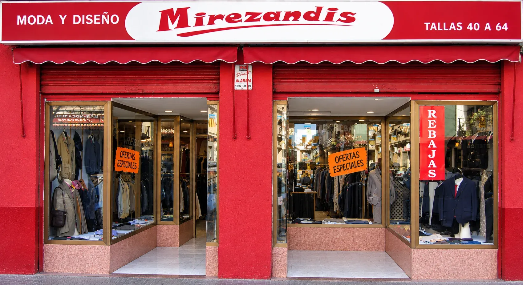Fachada de Mirezandis: rótulo rojo con el nombre, toldo y dos escaparates a pie de calle